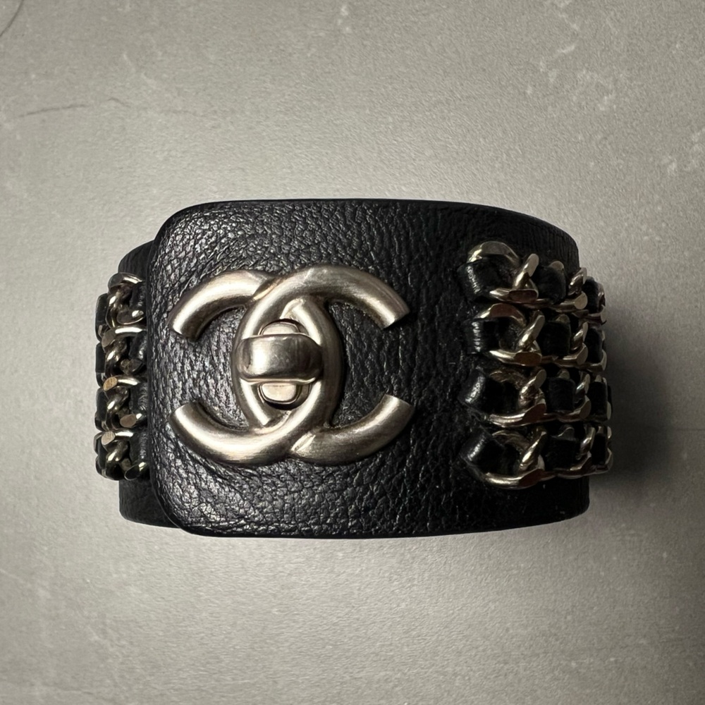 CHANEL Black and Silver Leather Cuff Bracelet